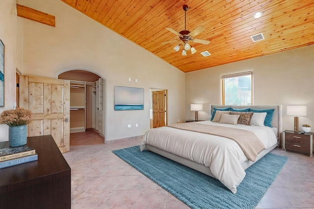 tiled bedroom featuring wooden ceiling, high vaulted ceiling, ceiling fan, a closet, and a spacious closet