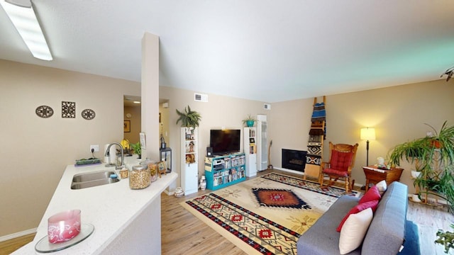 living room featuring light wood-type flooring and sink