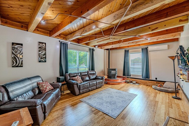 living room with a wealth of natural light, hardwood / wood-style flooring, a wood stove, and wood ceiling