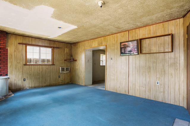 interior space with wooden walls, brick wall, and a textured ceiling