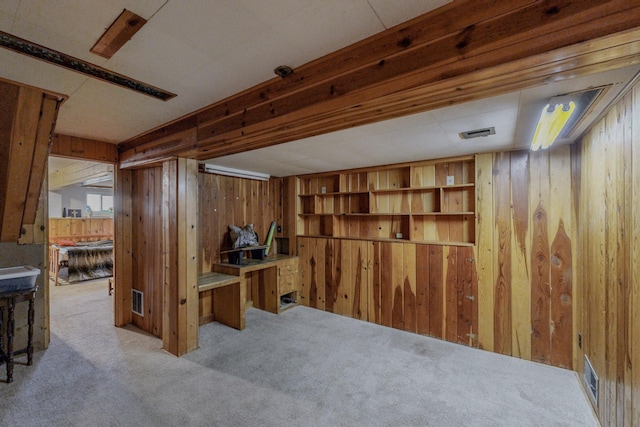 basement with light colored carpet and wood walls