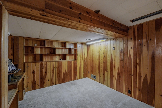 basement with carpet flooring, wood walls, and built in shelves