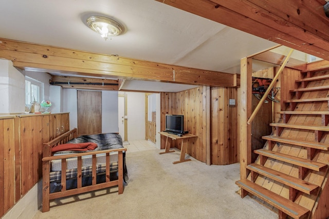 basement with light colored carpet and wood walls