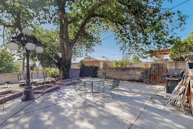 view of patio / terrace with area for grilling and a trampoline