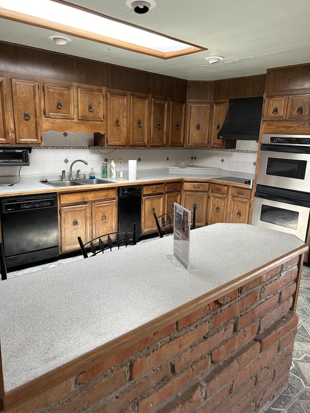 kitchen with premium range hood, tasteful backsplash, dishwasher, and double oven