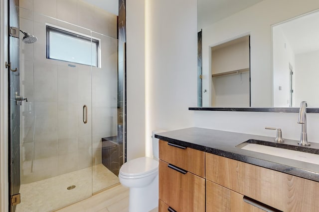 bathroom with vanity, toilet, and a shower with door