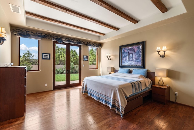 bedroom with hardwood / wood-style flooring, beam ceiling, access to exterior, and french doors