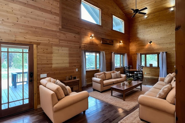 living room with wood ceiling, wood walls, wood-type flooring, and high vaulted ceiling