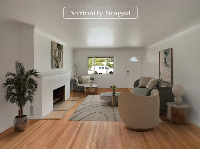 living room featuring a fireplace and light hardwood / wood-style flooring