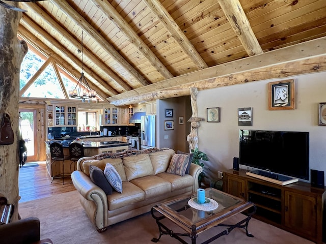 living area featuring light wood-style flooring, wood ceiling, a chandelier, and lofted ceiling with beams