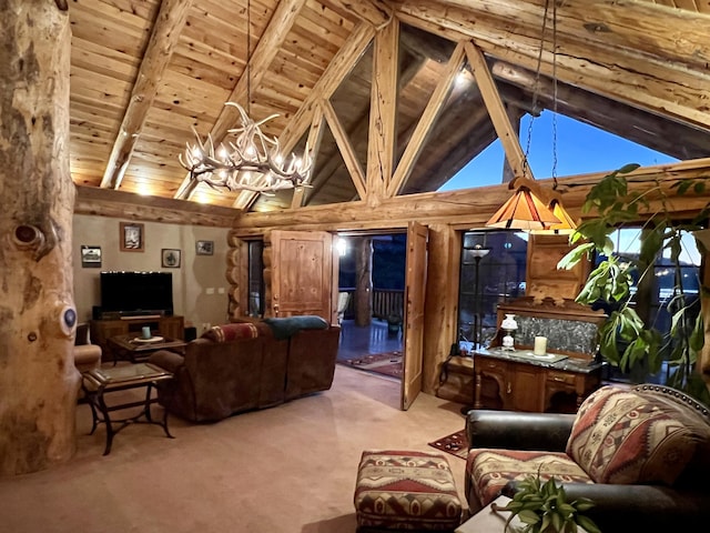 living area with light carpet, a chandelier, wood ceiling, high vaulted ceiling, and beam ceiling