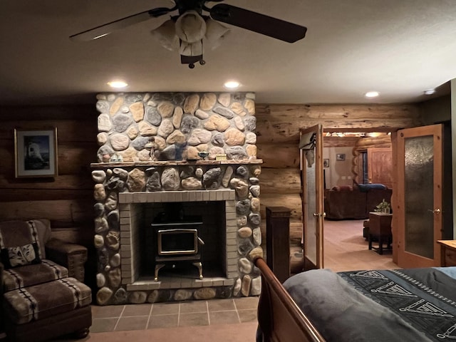 interior space featuring ceiling fan, rustic walls, and recessed lighting