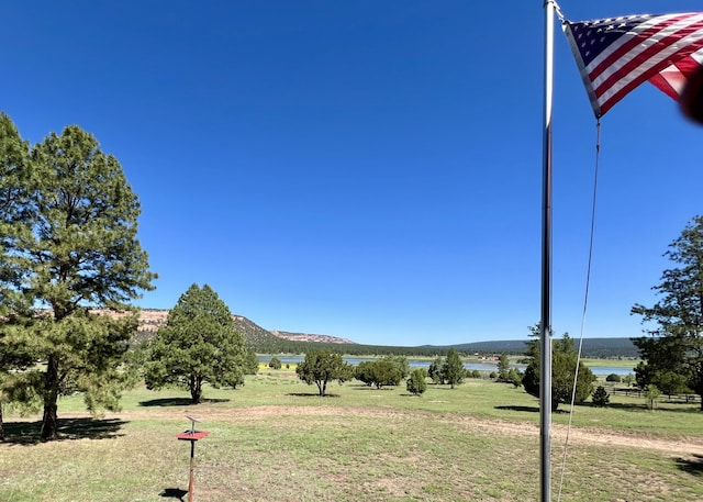 exterior space featuring a mountain view and a lawn