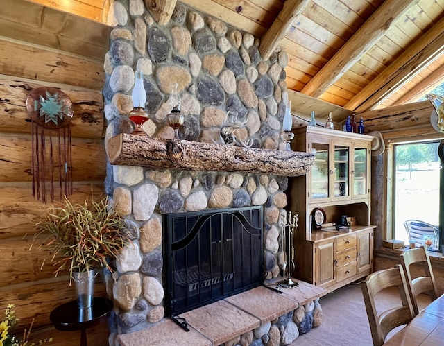 living room featuring rustic walls, wood ceiling, vaulted ceiling with beams, a fireplace, and dark carpet