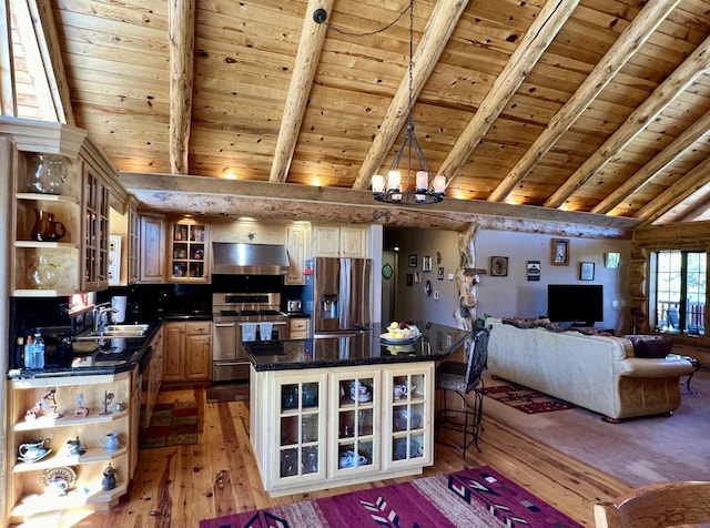 kitchen with open shelves, under cabinet range hood, stainless steel appliances, and an inviting chandelier