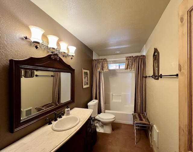 full bathroom with shower / bath combination with curtain, vanity, toilet, and a textured ceiling