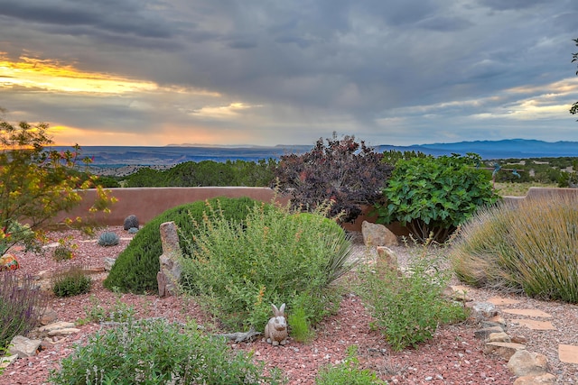 yard at dusk featuring a mountain view