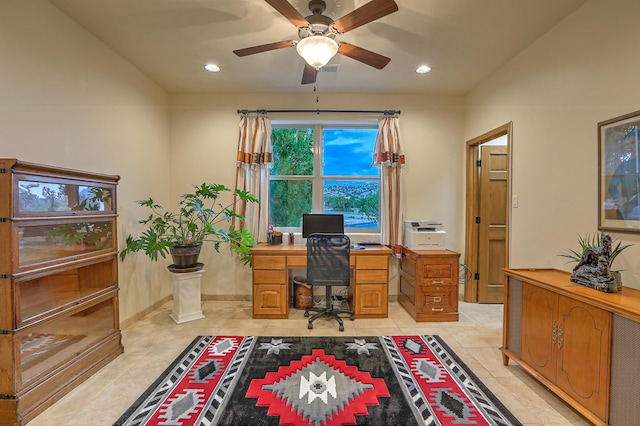 tiled office with ceiling fan