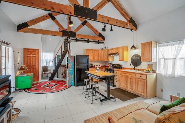 kitchen with light brown cabinetry, high vaulted ceiling, black appliances, and light tile patterned floors