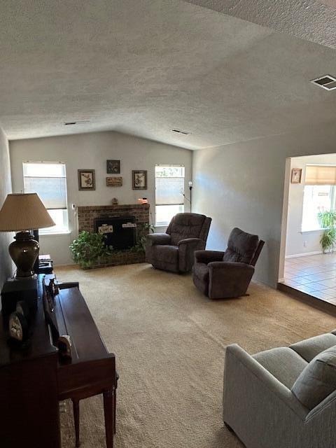 carpeted living room with lofted ceiling, a textured ceiling, and a wealth of natural light