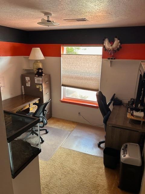 carpeted office space with a textured ceiling