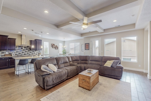 living area featuring a textured ceiling, beam ceiling, light wood-style flooring, and visible vents