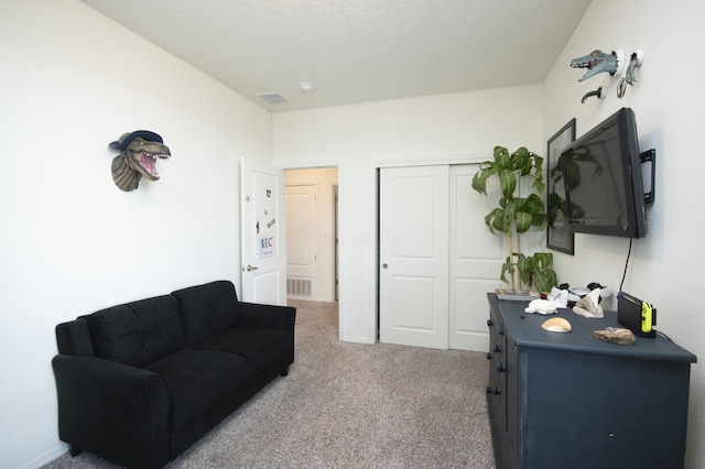 interior space with carpet floors and a textured ceiling