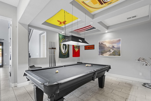 recreation room with beamed ceiling, billiards, and coffered ceiling