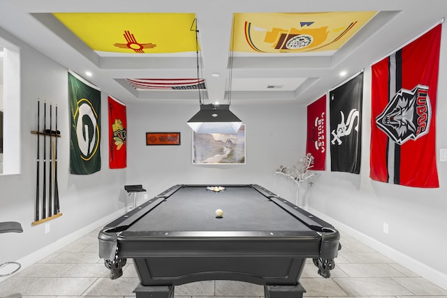 rec room with light tile patterned flooring, a raised ceiling, coffered ceiling, and billiards