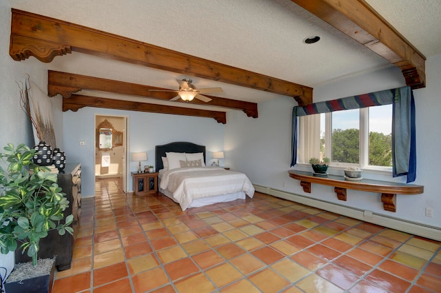 living room with tile patterned floors, ceiling fan, brick wall, beam ceiling, and track lighting