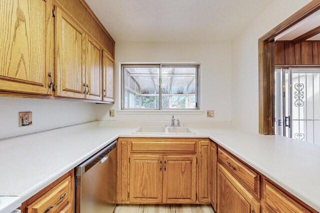 kitchen with light hardwood / wood-style floors, sink, and stainless steel dishwasher