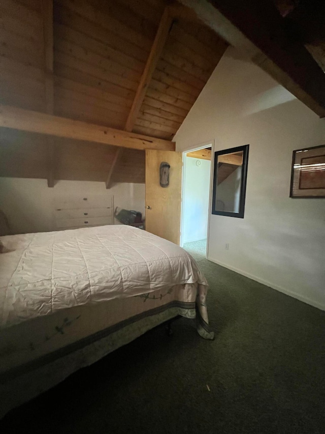 carpeted bedroom featuring vaulted ceiling with beams and wooden ceiling