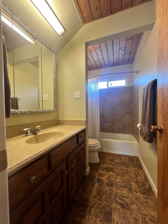 full bathroom with lofted ceiling, wood ceiling, vanity, toilet, and shower / bath combo with shower curtain