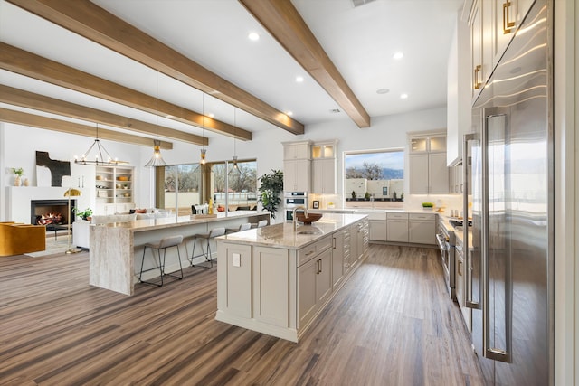 kitchen with stainless steel appliances, a center island, plenty of natural light, and dark hardwood / wood-style flooring