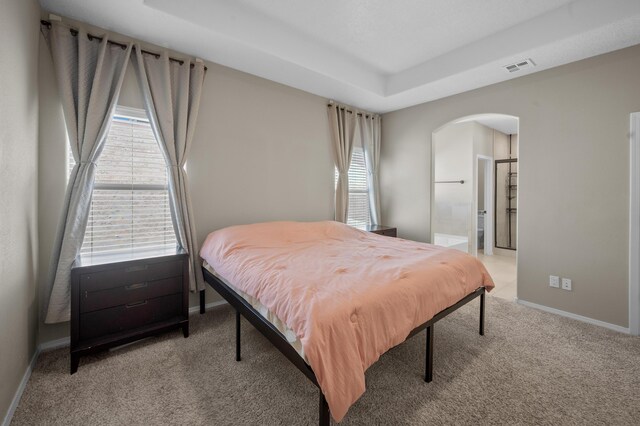 bedroom featuring light colored carpet and ensuite bath