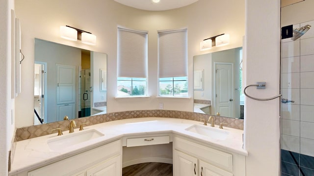 bathroom featuring hardwood / wood-style floors, dual bowl vanity, and walk in shower