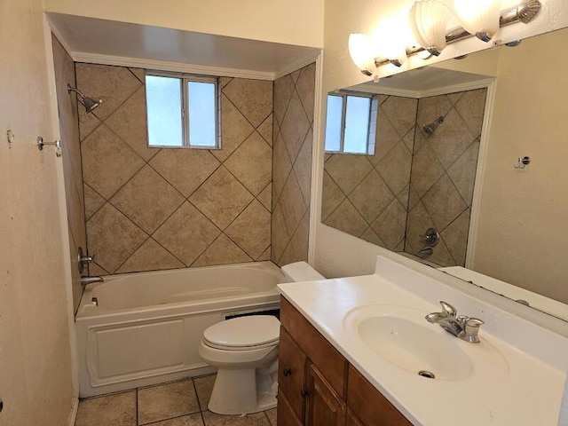 full bath featuring vanity, shower / tub combination, toilet, and tile patterned floors