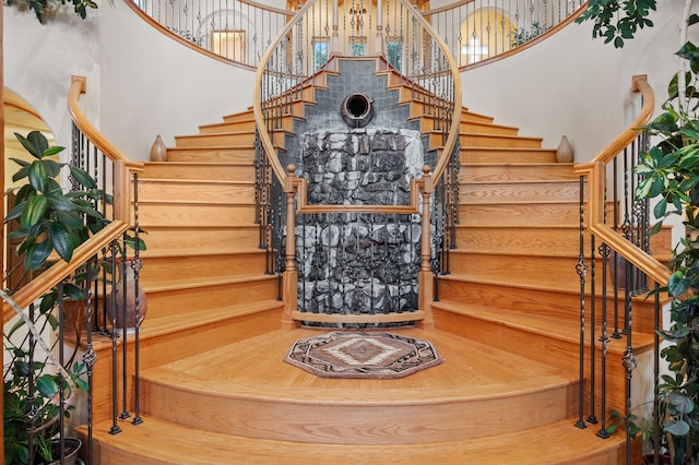 stairway with log walls