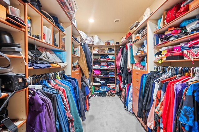 walk in closet with light carpet