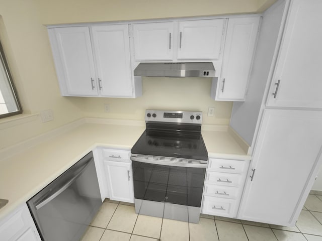 kitchen featuring light countertops, ventilation hood, appliances with stainless steel finishes, and white cabinetry