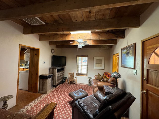 57 Edmundo Rd, Belen, NM 87002 - living room with washer / dryer, wood ceiling, beam ceiling, and ceiling fan
