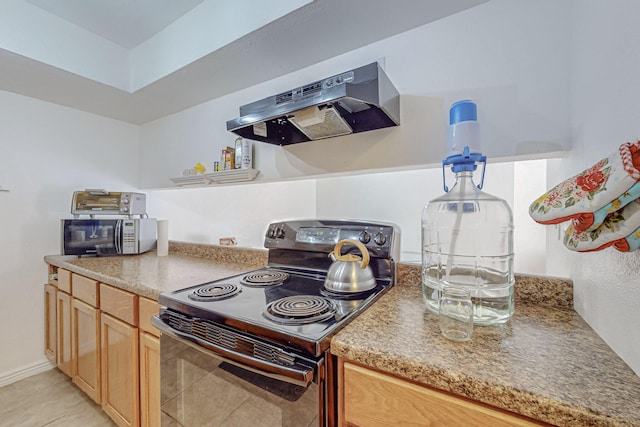 kitchen featuring black / electric stove, light brown cabinetry, ventilation hood, and light tile patterned flooring