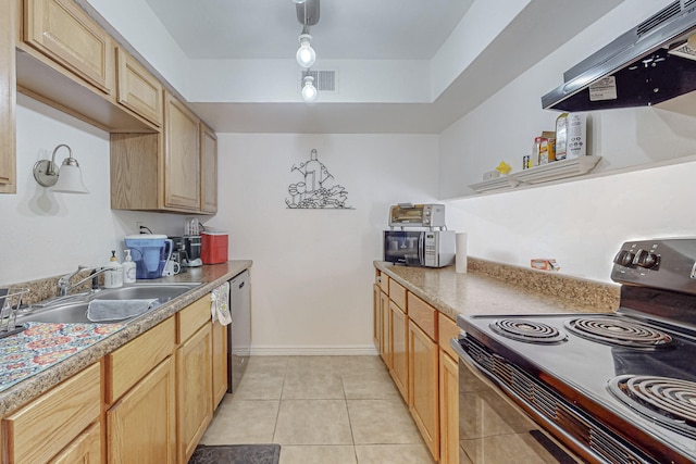 kitchen with black electric range, light tile patterned floors, light brown cabinets, and range hood