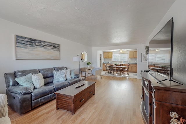 living room featuring light hardwood / wood-style floors and a textured ceiling