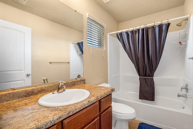 full bathroom featuring vanity, a textured ceiling, toilet, and shower / bathtub combination with curtain