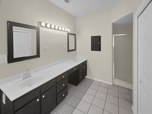 full bath featuring a stall shower, visible vents, a sink, and tile patterned floors