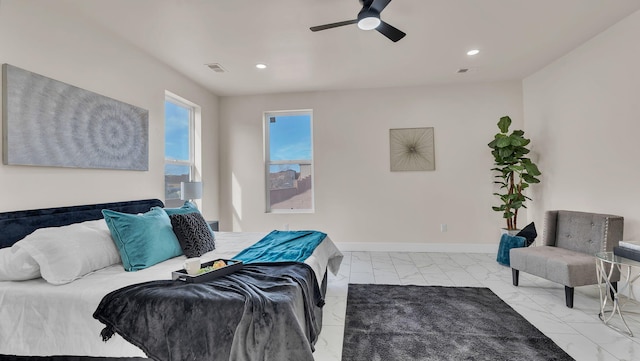 living room featuring visible vents, baseboards, marble finish floor, recessed lighting, and a ceiling fan