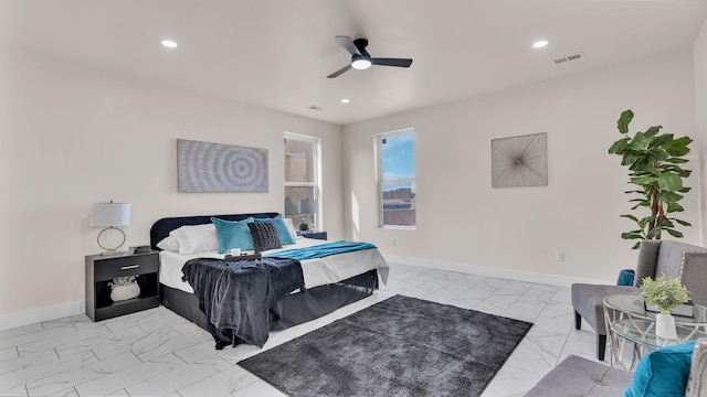 bedroom featuring baseboards, marble finish floor, visible vents, and recessed lighting