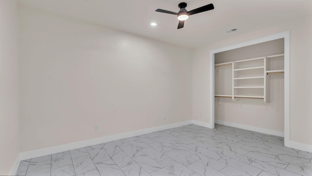 unfurnished bedroom featuring recessed lighting, baseboards, marble finish floor, visible vents, and a ceiling fan