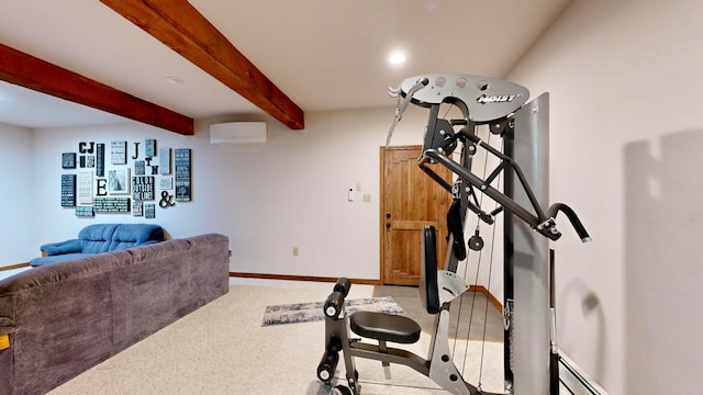 exercise room with carpet flooring, a baseboard radiator, and a wall mounted air conditioner